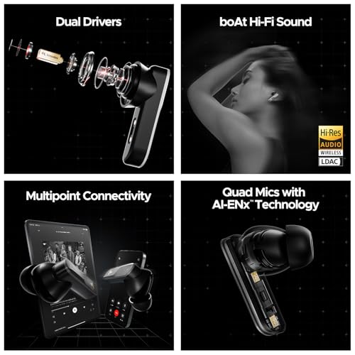boAt New Launch Nirvana X TWS,Knowles Dual Drivers,Hi-Res Audio LDAC,App Support,4Mic ENx,Dual Pair,Spatial Audio,Fast Charge, Bluetooth Earbuds, TWS Ear Buds Wireless Earphones with mic (Cosmic Onyx) - Nalanda Enterprises