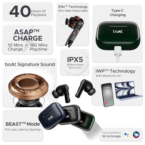 Boat Airdopes 163 in Ear Wireless Earbuds with 40 HRS Battery, Fast Charge, 13mm Drivers, IPX5, Quick Touch Response Control (Active Black)|B0CNRFYLV8