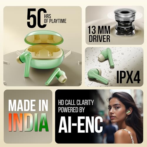 Mivi DuoPods C2 TWS [New Launch], 50 Hrs Playtime, HD Call Clarity with AI-ENC, 13mm Bass Drivers, Low Latency, BT v5.3, Type C Charging, Made in India Earbuds|B0F2FRNSC3