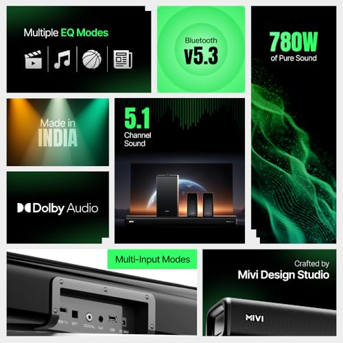 Mivi Superbars Nova 780 Watts Dolby Audio Home Theatre Speaker [New Launch], 5.1 Channel with Big Woofer, 3 Built-in + 2 Satellite Speakers, Multiple EQ, Home Theatre 5.1, Made in India Sound Bar|B0F3HQSPDR