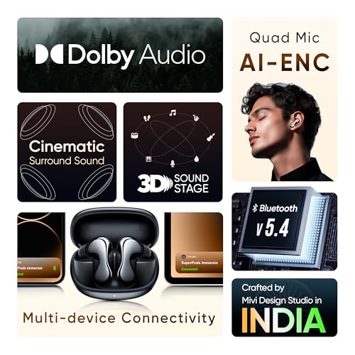 Mivi SuperPods Immersio[Flagship Launch] | Dolby Audio, 3D Soundstage, 60H Battery, AI-ENC Mic, BT 5.4 | Ear Buds Wireless with Deep Bass, Fast Charging, in-Ear Bluetooth Earbuds|B0DCFTKL92