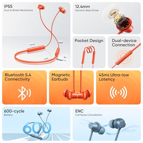realme Buds Wireless 5 Lite in Ear Bluetooth Neckband with 12.4 mm Dynamic Bass Boost Driver,Upto 35 Hours Playback,45ms Low Latency,IP55 Dust & Water Resistant, Bluetooth V5.4 (Void Black)|B0FC1SFX45
