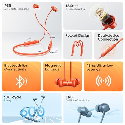 realme Buds Wireless 5 Lite in Ear Bluetooth Neckband with 12.4 mm Dynamic Bass Boost Driver,Upto 35 Hours Playback,45ms Low Latency,IP55 Dust & Water Resistant, Bluetooth V5.4 (Void Black)|B0FC1SFX45