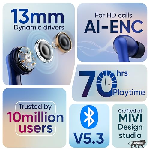 Mivi DuoPods Marathon Earbuds [New Launch], 70 Hours Playtime, AI-ENC for HD Calls, 13mm Drivers, IPX 4.0, BT v5.3, Made in India True Wireless Bluetooth Ear Buds|B0FTFGJ495