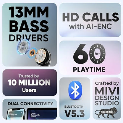 Mivi DuoPods Vibe Earbuds [New Launch], 60 Hours Playtime, AI-ENC for HD Calls, 13mm Drivers, IPX 4.0, BT v5.3, Made in India True Wireless Bluetooth Ear Buds|B0G2GKPK48