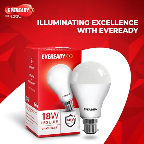 Eveready 18W LED Bulb | 1800 Lumen | 4KV Surge Protection | Long Life & Low Maintenance | BIS Certified | 1 Year Warranty | 100 Lumens Per Watt | Cool Day Light (6500K) | B22 | Pack of 2|B0759SHFNT