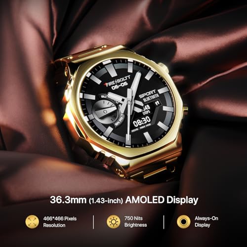 Fire-Boltt Onyx- 36.3mm AMOLED Always On Display Smart Watch, 466 * 466 High Resolution, Bluetooth Calling, Steel Design, IP67, 4GB Storage, 300+ Sports Modes, 130+ Watch Faces (Gold)|B0CT58D91K