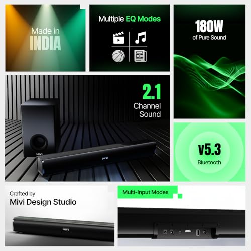 Mivi Fort Hip-Hop 1000 180 Watts Home Theatre Soundbar [New Launch], 2.1 Channel, 2 in-Build Speakers and 1 External Subwoofer, Multiple EQ & Input Modes, BT v5.3, Made in India Sound bar|B0F3HV22DT
