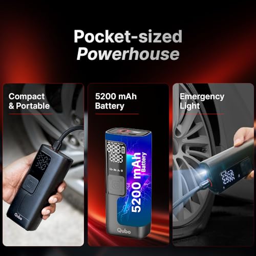 Qubo Smart Tyre Inflator Max from Hero Group | Battery & Car 12V Port Dual Mode | 5200 Mah | Super Fast Inflation | 150 Psi | Digital Display | 5 Air Fill Modes | Multiple Nozzles | Auto Cut-Off |