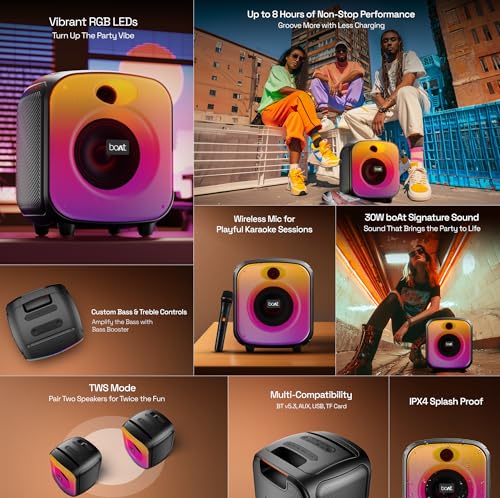 boAt PartyPal 63 Pro Bluetooth Speaker with 30 W Signature Sound, Karaoke with Mic, Customizable RGB LEDs, Wireless Mic, Upto 8 hrs Playback, BTv5.3, TWS Mode, Bass Boost, AUX & Port(Midnight Black)|B0D9VKLC6B