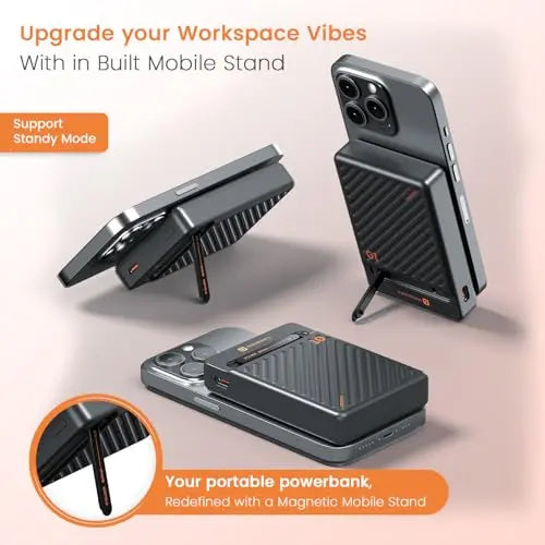 Magnetic portable power bank with built-in mobile stand, ideal for workspace, available at Nalanda Enterprises.