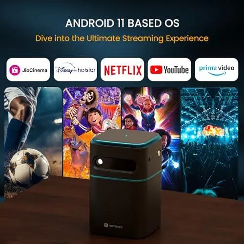 Portronics Pico 12 Portable Smart Projector with Android 11, 4K Ultra HD Support, Rechargeable, 3200 Lumens, DLP Technology, 120" Max Display, Auto Keystoning, 5W Speaker (Black) - Nalanda Enterprises