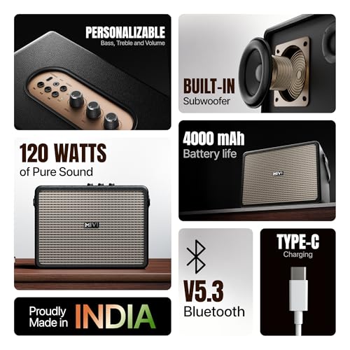 Mivi SuperBox Classic 120W Portable Bluetooth Speaker [New Launch] | Premium Sound with Built-in Subwoofer, Bass & Treble Control Knobs, AUX & USB Support | Made in India|B0FB44F3NZ