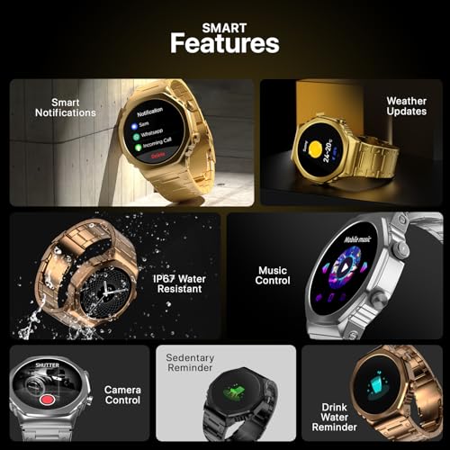 Fire-Boltt Onyx- 36.3mm AMOLED Always On Display Smart Watch, 466 * 466 High Resolution, Bluetooth Calling, Steel Design, IP67, 4GB Storage, 300+ Sports Modes, 130+ Watch Faces (Gold)|B0CT58D91K