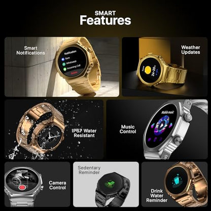 Fire-Boltt Onyx- 36.3mm AMOLED Always On Display Smart Watch, 466 * 466 High Resolution, Bluetooth Calling, Steel Design, IP67, 4GB Storage, 300+ Sports Modes, 130+ Watch Faces (Gold)|B0CT58D91K