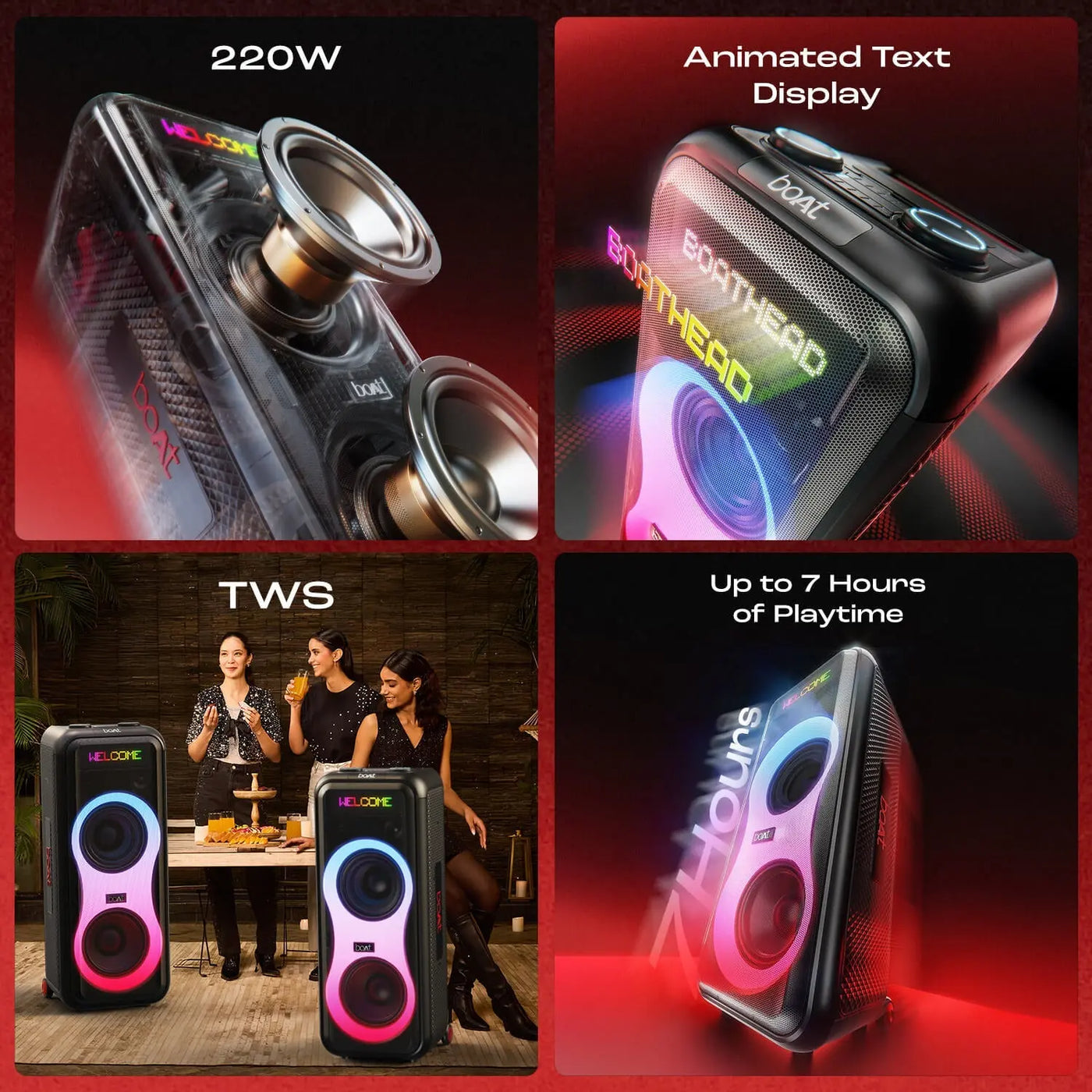 BoAt 220W party speaker with animated text display, TWS feature, and 7-hour playtime, showcased at Nalanda Enterprises.