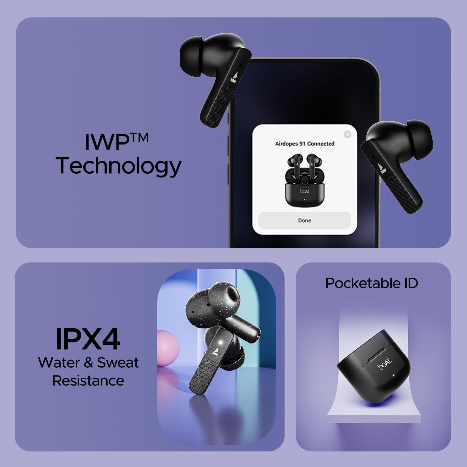 boAt Airdopes 91, 45HRS Battery, 50ms Low Latency, ENx Tech, Fast Charge, IPX4, IWP Tech, v5.3 Bluetooth Earbuds, TWS Ear Buds Wireless Earphones with mic - Nalanda Enterprises