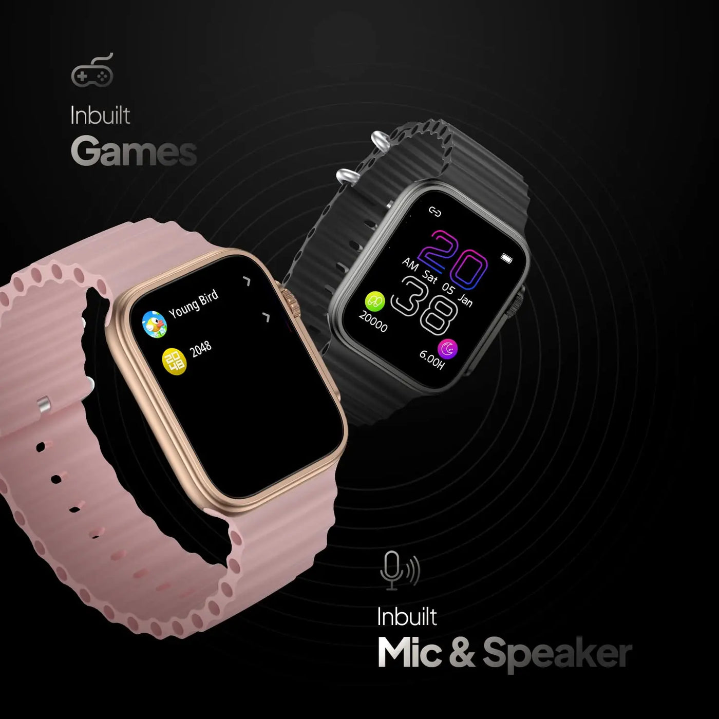 Smartwatches with inbuilt games, mic and speaker, pink and black bands on black background.