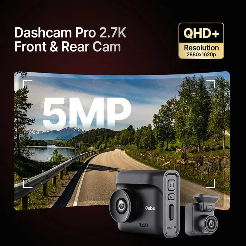 Qubo Dashcam Pro 2.7K front and rear camera, 5MP, QHD+ resolution, featured by Nalanda Enterprises