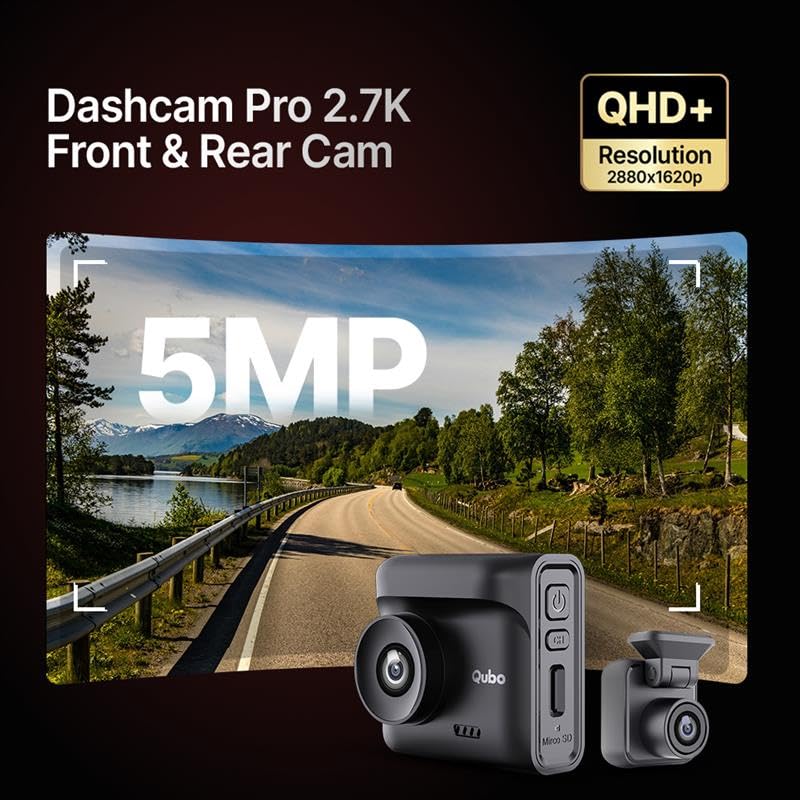 Qubo (New Launch) Car Dash Cam Pro 2.7K by Hero Group, HDR Dual Channel, Made in India, 2.7K 5MP Front QHD+ 2MP Rear FHD, 140° View, 2" LCD Display, GPS Log, Supports Up to 1 TB SD Card