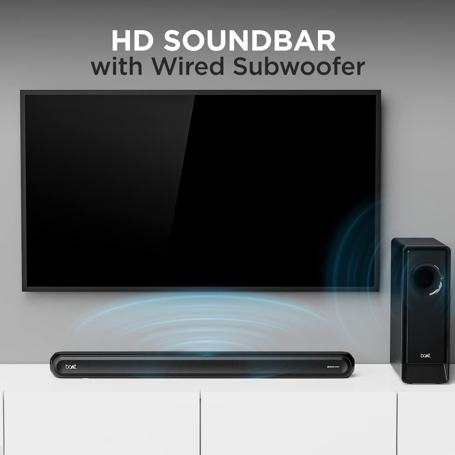 boAt Aavante Bar 1500 2.1 Channel Home Theatre Soundbar with 120W Signature Sound, Wired Subwoofer, Multiple Connectivity Modes, Entertainment EQ Modes and Sleek Finish (Black) - Nalanda Enterprises