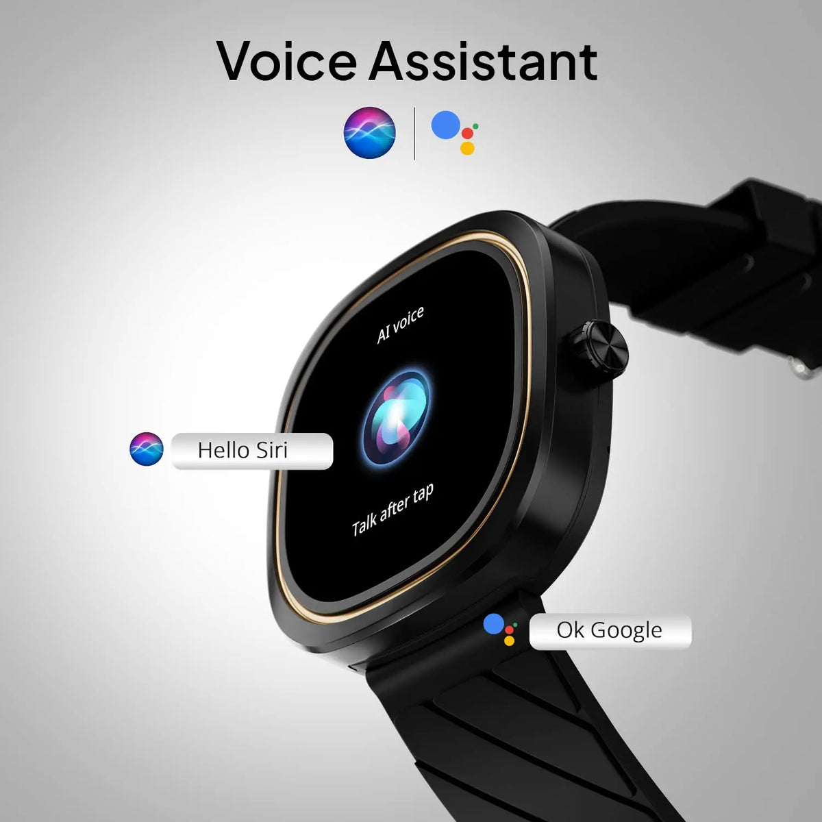 Black smart watch with voice assistant feature, showing Hello Siri and Ok Google prompts, sold by Nalanda Enterprises