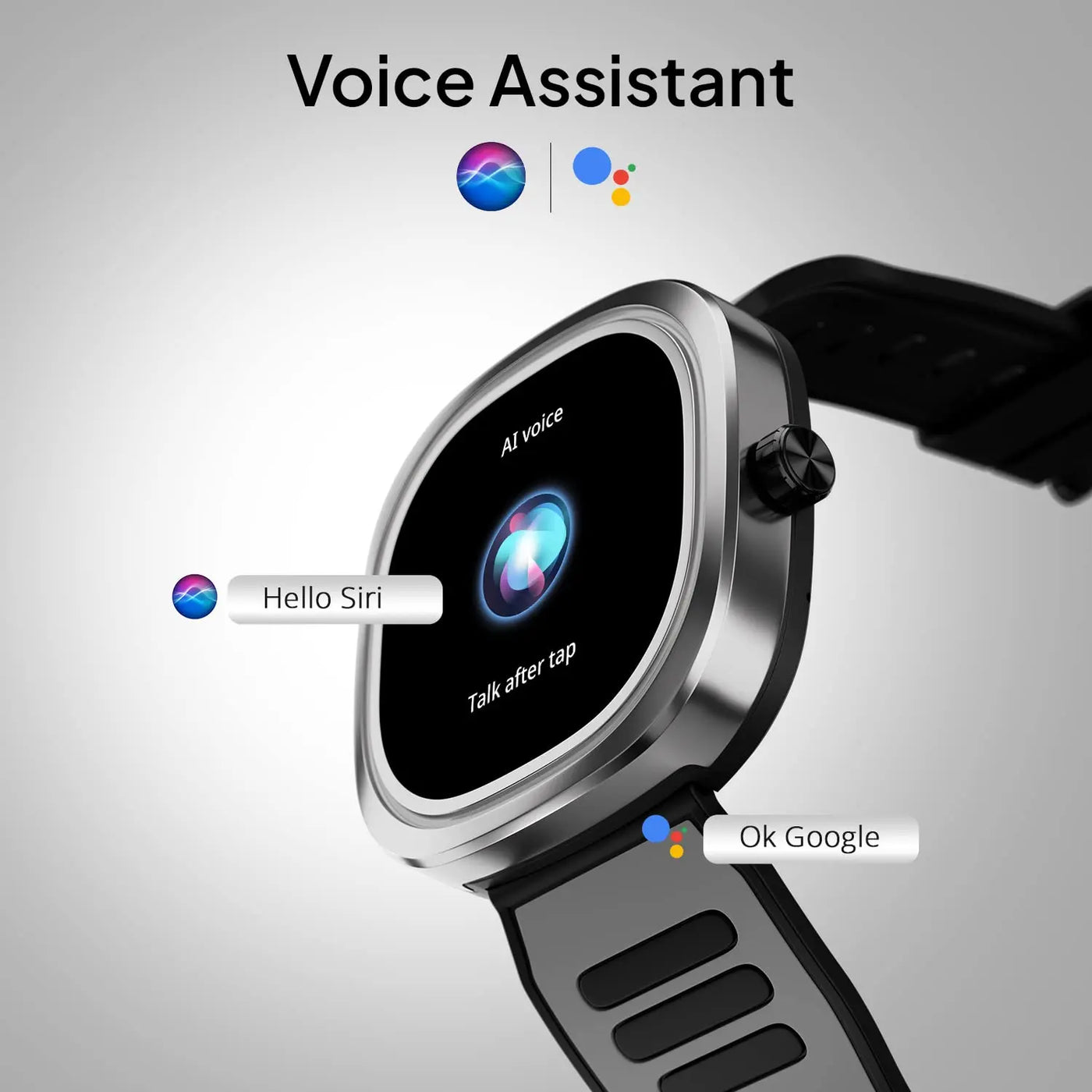 Smartwatch with voice assistant feature, black strap, Siri and Google icons, Nalanda Enterprises