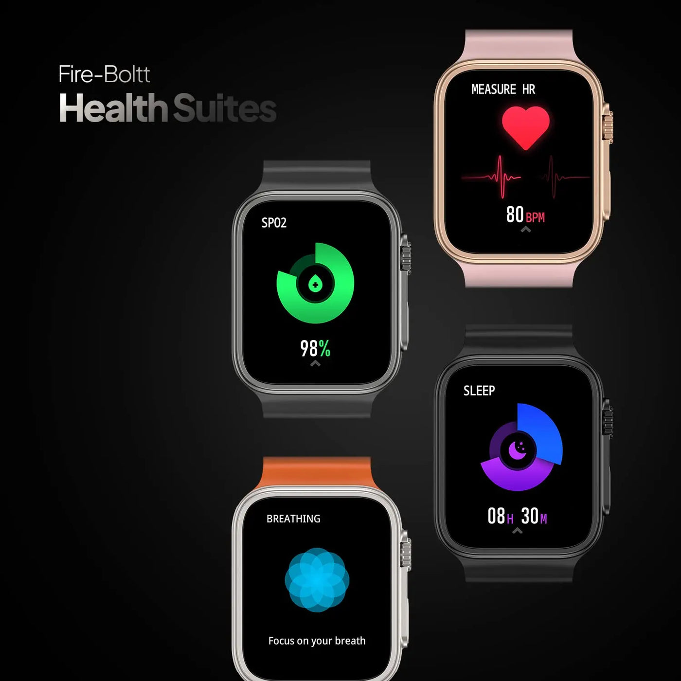 Fire-Boltt smartwatches displaying SpO2, heart rate, sleep, and breathing health features