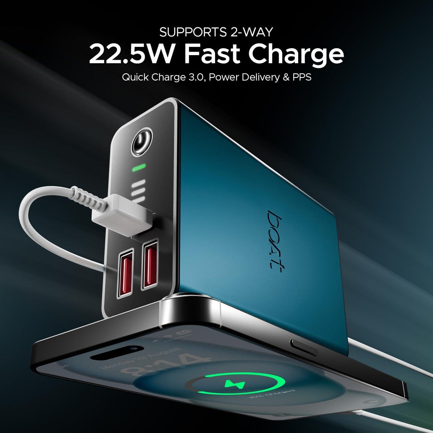 boAt Newly Launched Pocket Energyshroom PB400 Pro 20000mAh | Compact Power Bank w/Type-C Input (2-Way Port), 3X Output Ports,2-Way 22.5W Fast Charging, Pass-Through Charging(Carbon Black) - Nalanda Enterprises