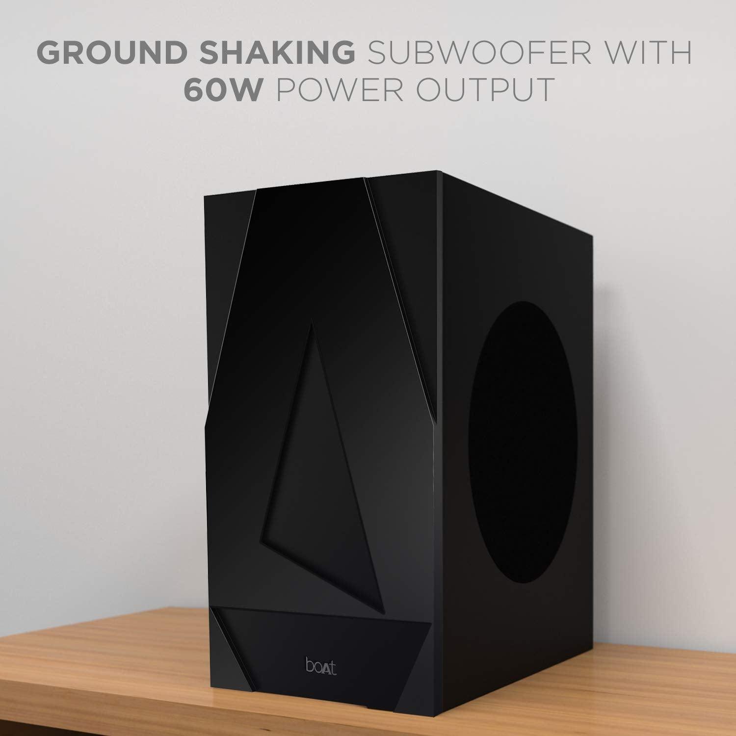 boAt Aavante Bar 1500 2.1 Channel Home Theatre Soundbar with 120W Signature Sound, Wired Subwoofer, Multiple Connectivity Modes, Entertainment EQ Modes and Sleek Finish (Black) - Nalanda Enterprises