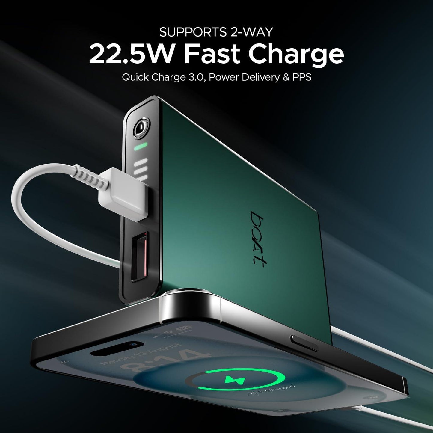 boAt EnergyShroom PB300 Air 10000 mAh 22.5W Pocket Size Power Bank with Compact and Lightweight Design, LED Battery Display, 12 Layer Smart IC Protection & Smart Power Management(Carbon Black) - Nalanda Enterprises