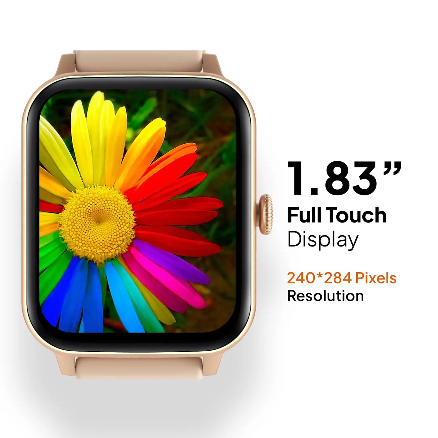 Smartwatch with 1.83-inch full touch display, gold case, colorful flower screen; Nalanda Enterprises