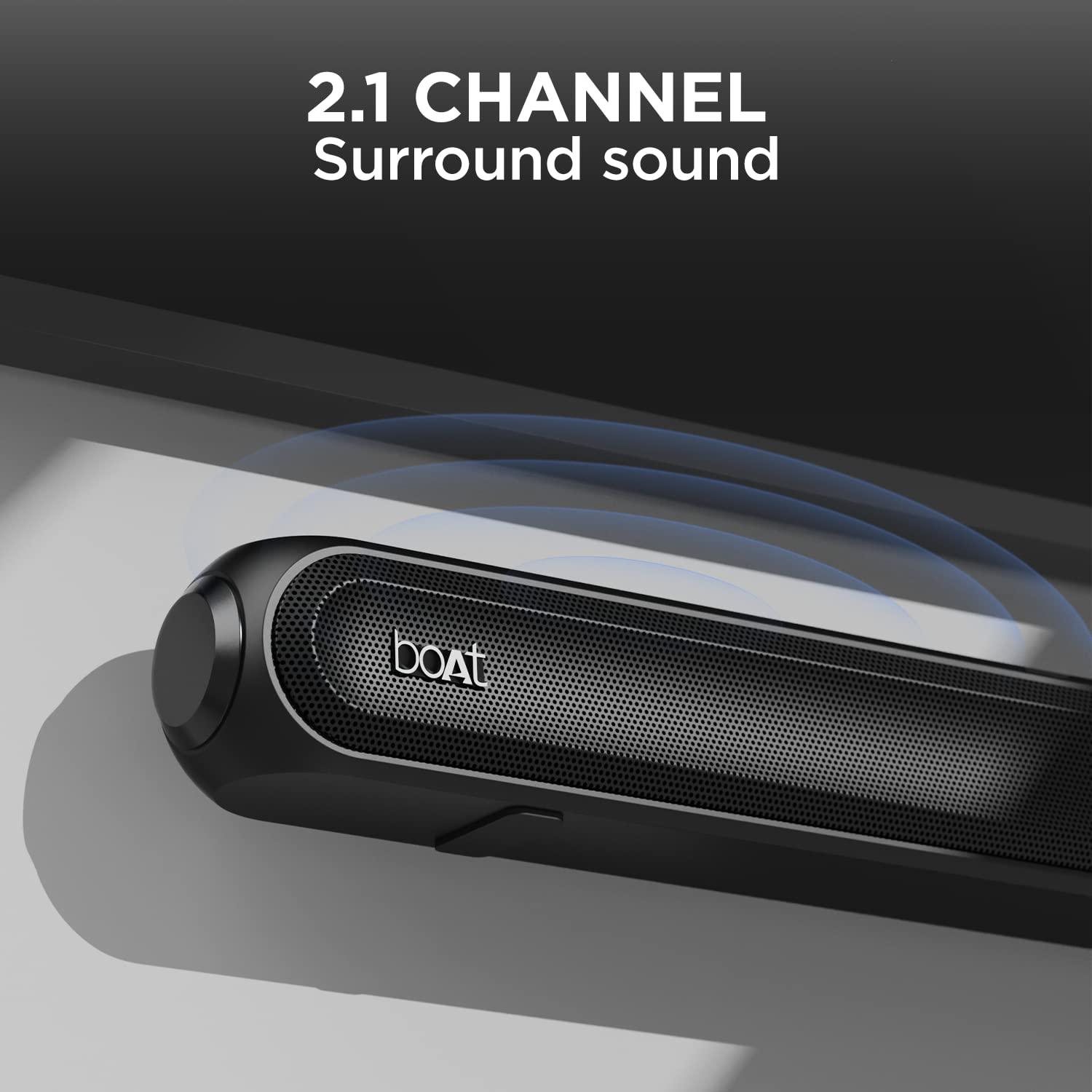 boAt Aavante Bar 1500 2.1 Channel Home Theatre Soundbar with 120W Signature Sound, Wired Subwoofer, Multiple Connectivity Modes, Entertainment EQ Modes and Sleek Finish (Black) - Nalanda Enterprises