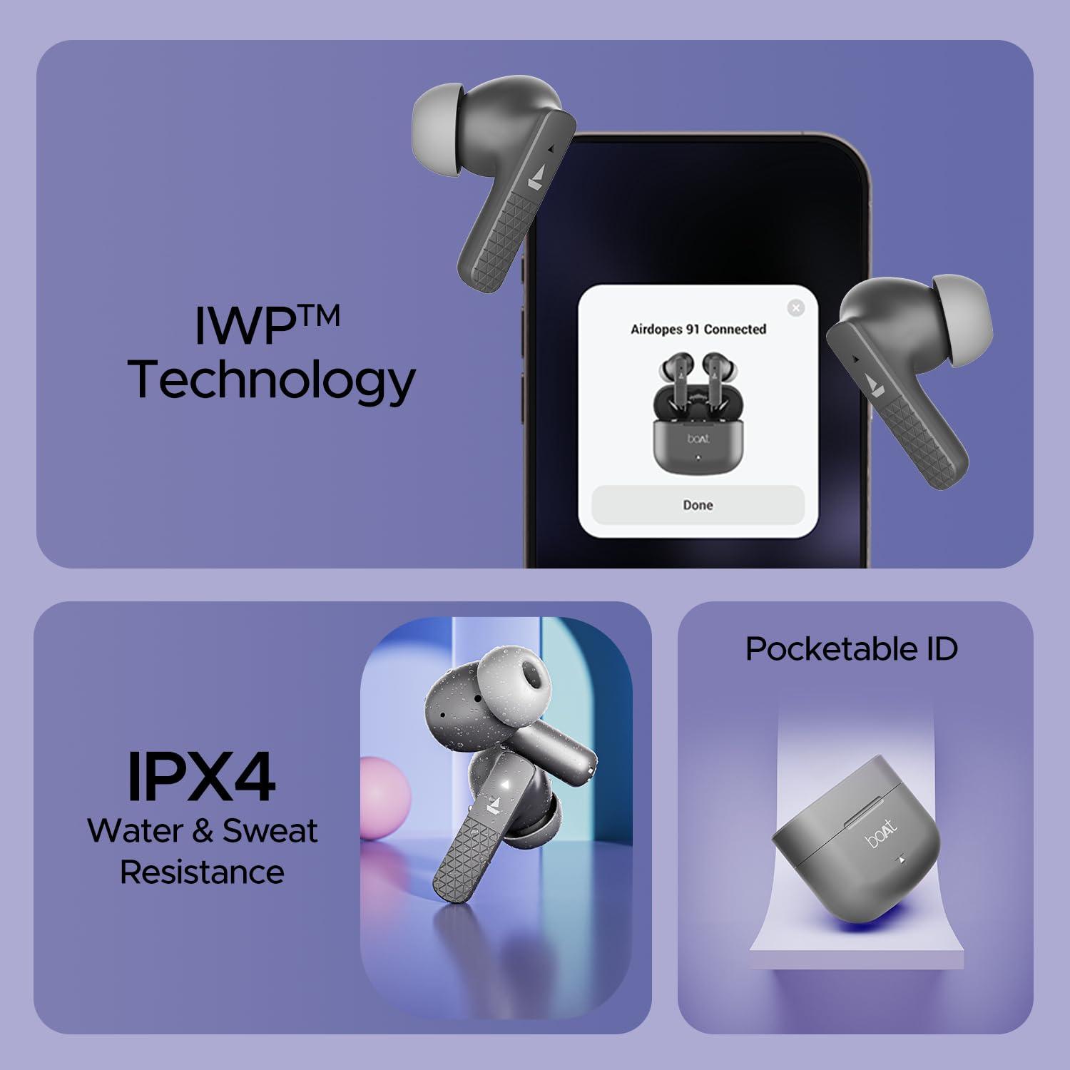 boAt Airdopes 91, 45HRS Battery, 50ms Low Latency, ENx Tech, Fast Charge, IPX4, IWP Tech, v5.3 Bluetooth Earbuds, TWS Ear Buds Wireless Earphones with mic - Nalanda Enterprises