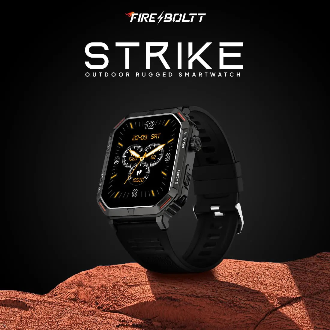 Fireboltt Strike rugged outdoor smartwatch with digital display on rocky surface, Nalanda Enterprises