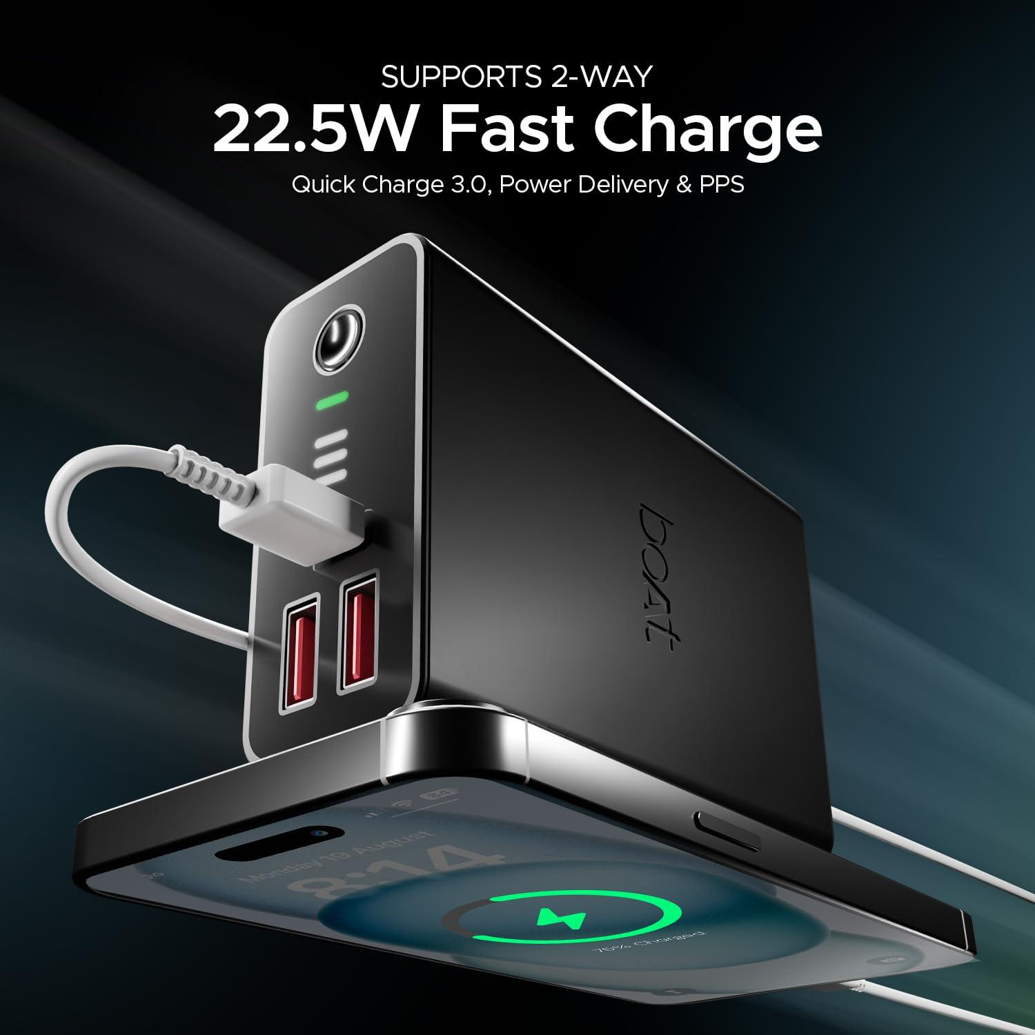 boAt Newly Launched Pocket Energyshroom PB400 Pro 20000mAh | Compact Power Bank w/Type-C Input (2-Way Port), 3X Output Ports,2-Way 22.5W Fast Charging, Pass-Through Charging(Carbon Black) - Nalanda Enterprises