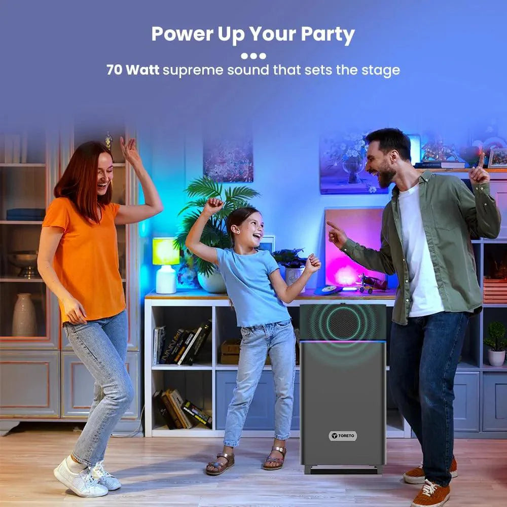 Toreto Party Mini Powerful 70W RMS Home Theater Bluetooth Party Box Party/Home Audio Speaker with High Power Bass, Wired Karaoke Mic, AUX, USB and Dynamic RGB LED - Nalanda Enterprises