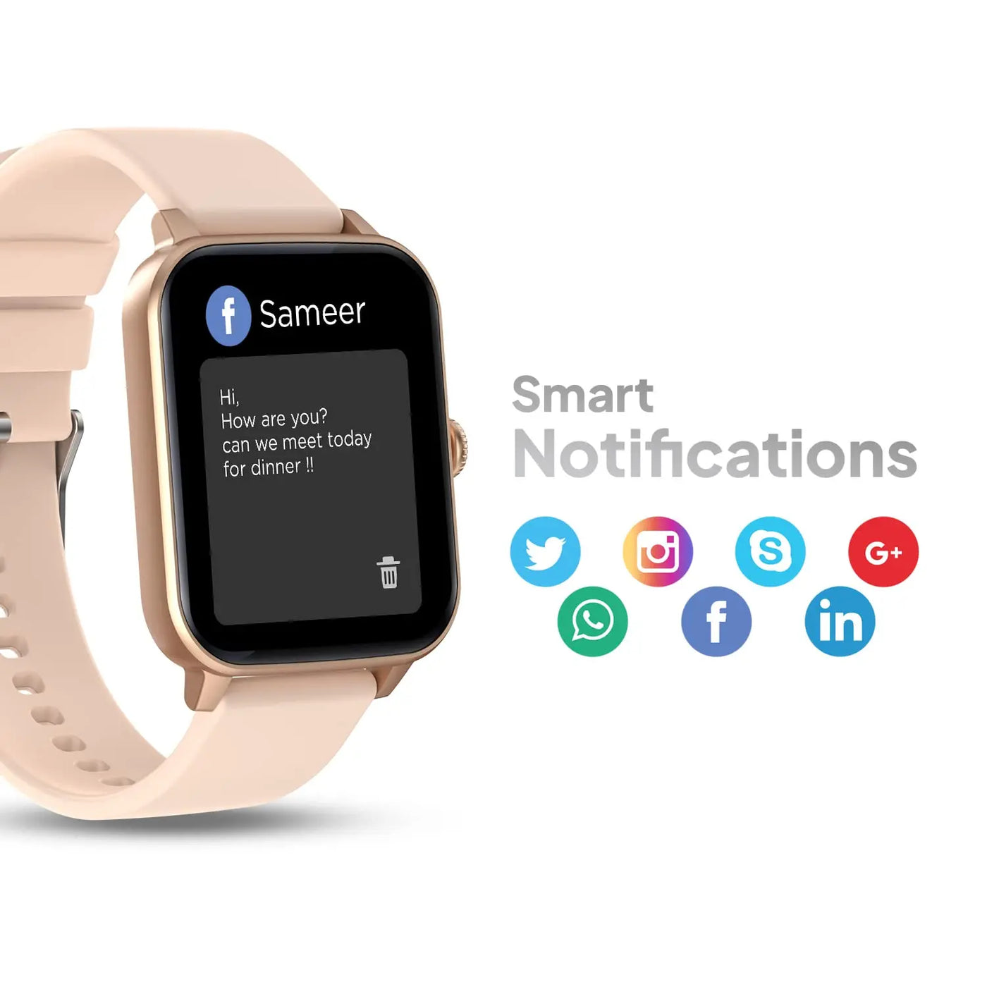 Smartwatch with beige strap displaying social media notifications, promoted by Nalanda Enterprises