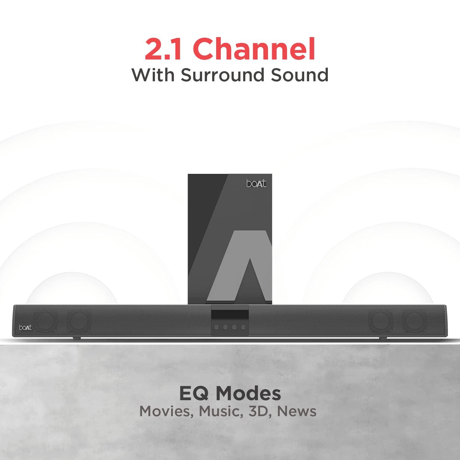 boAt AAVANTE Bar 1800 120W 2.1 Channel Bluetooth Soundbar Signature Sound, Wireless Subwoofer, Multiple Connectivity Modes, Entertainment Modes(Premium Black) - Nalanda Enterprises