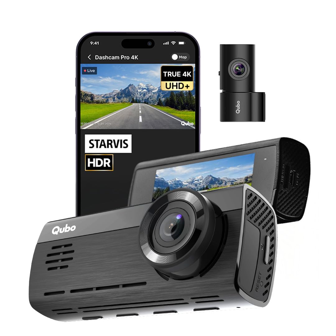 Qubo 4K UHD dashcam with HDR, rear camera, and smartphone display, sold by Nalanda Enterprises