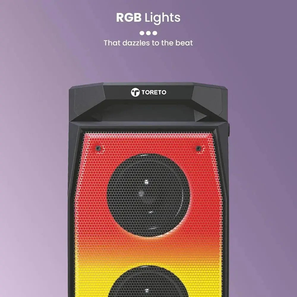 Toreto Evolve Pro 60Watt Wireless Bluetooth Party Speaker with Karaoke Mic, HD Bass, EQ Modes, TWS, Dynamic RGB Lights, mic Input, BT 5.3v, AUX in, Type C Charging - Nalanda Enterprises