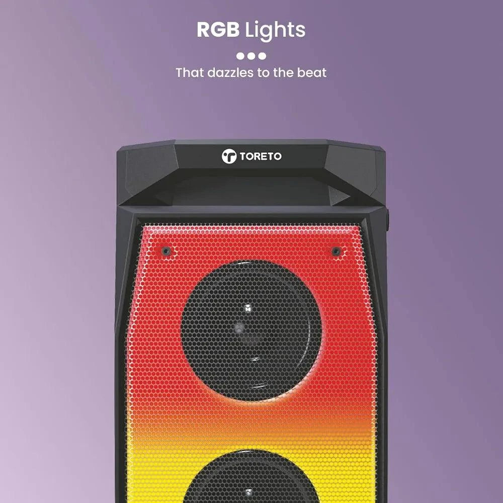 Toreto Evolve Pro 60Watt Wireless Bluetooth Party Speaker with Karaoke Mic, HD Bass, EQ Modes, TWS, Dynamic RGB Lights, mic Input, BT 5.3v, AUX in, Type C Charging - Nalanda Enterprises
