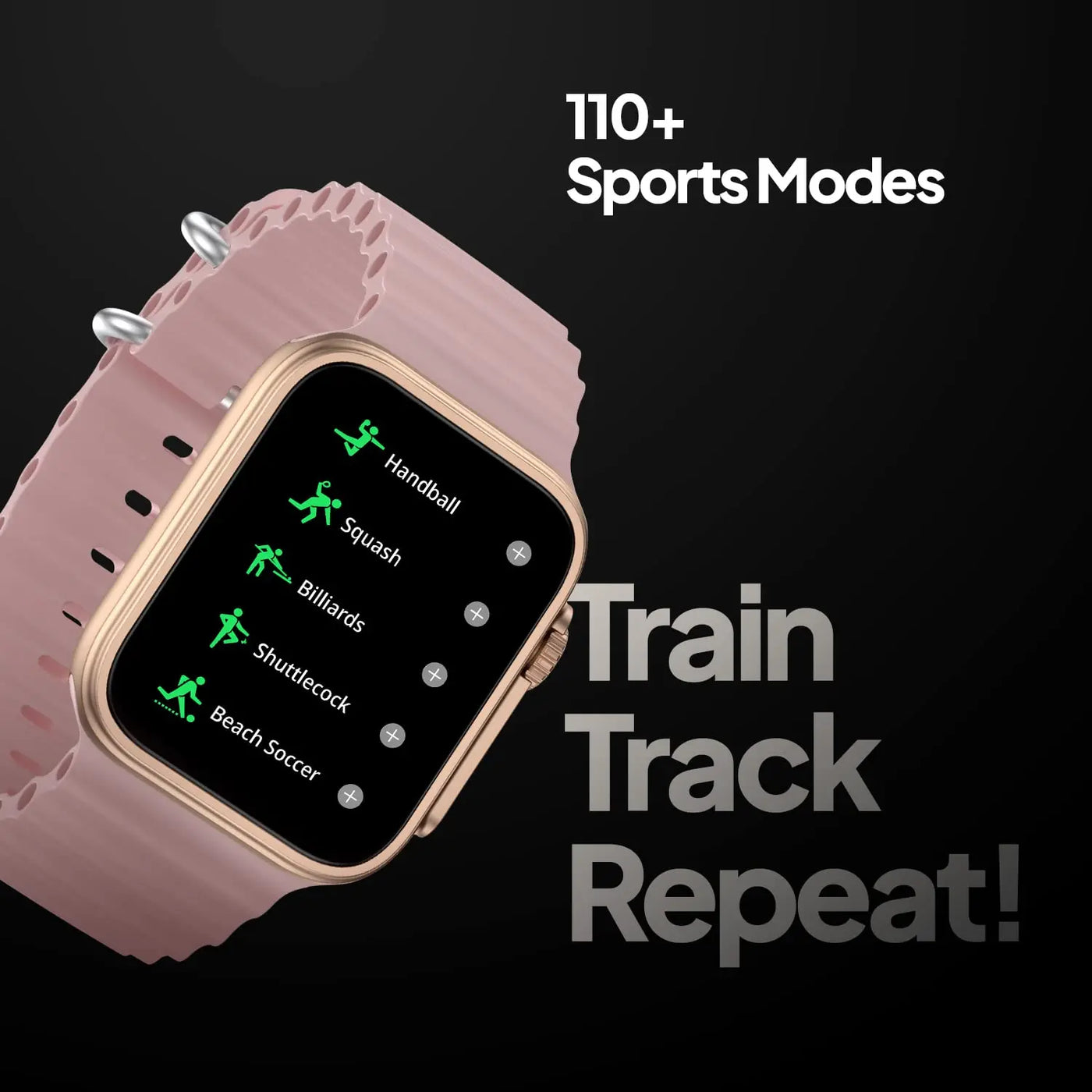 Smartwatch with pink strap displaying 110+ sports modes, sold by Nalanda Enterprises India.
