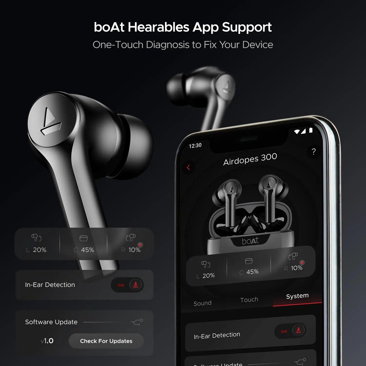 boAt Airdopes 300, Cinematic Spatial Audio, 50HRS Battery, 4Mic AI ENx, Fast Charge, App Support, Low Latency, IPX4, v5.3 Bluetooth Earbuds, TWS Ear Buds Wireless Earphones with mic - Nalanda Enterprises