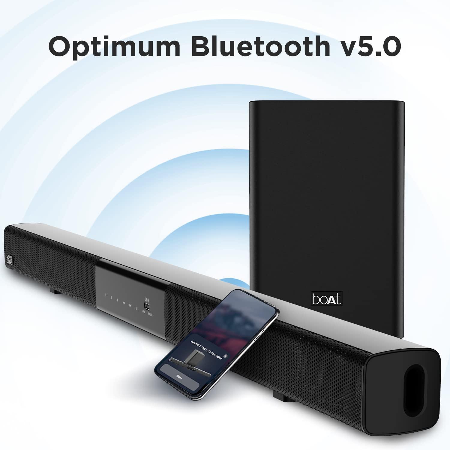 boAt Aavante Bar 1500 2.1 Channel Home Theatre Soundbar with 120W Signature Sound, Wired Subwoofer, Multiple Connectivity Modes, Entertainment EQ Modes and Sleek Finish (Black) - Nalanda Enterprises