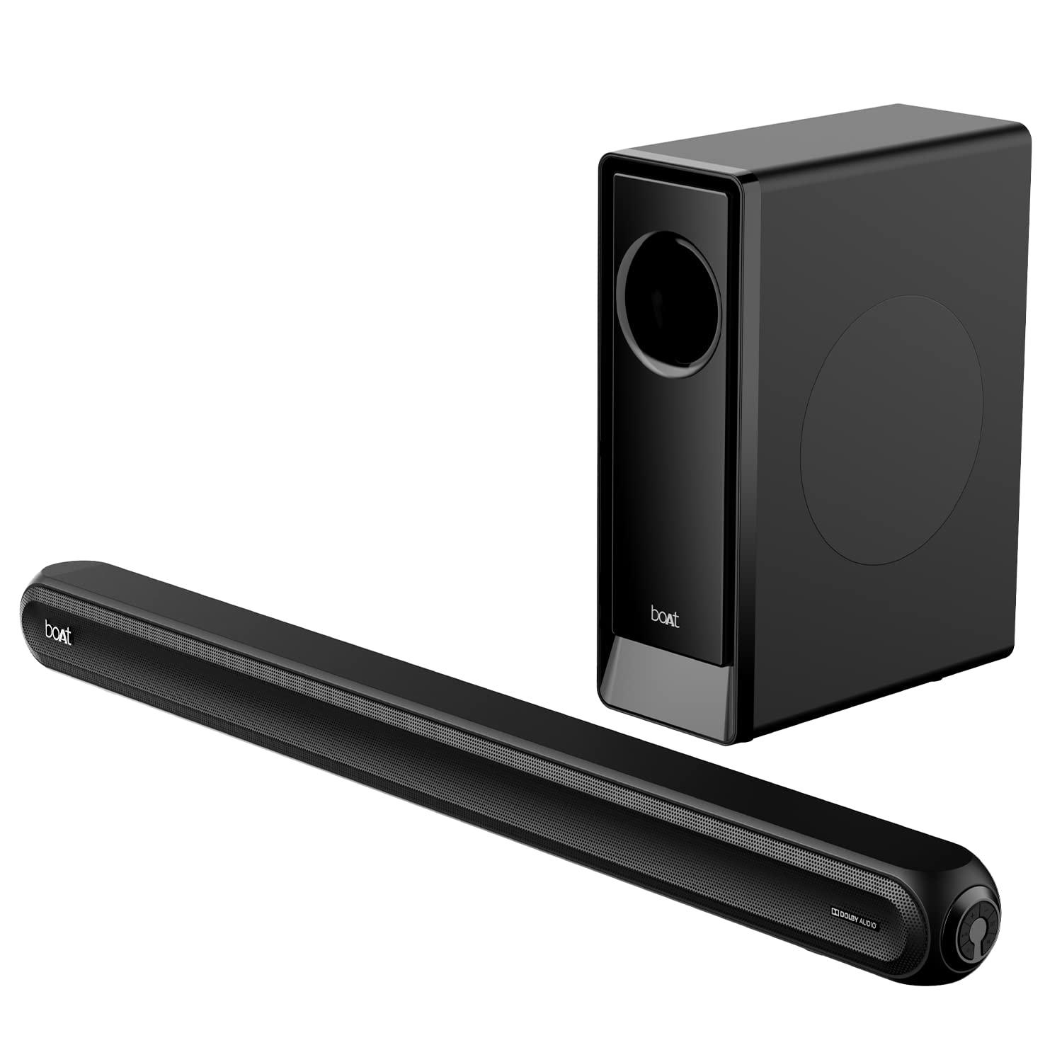 boAt Aavante Bar 1500 2.1 Channel Home Theatre Soundbar with 120W Signature Sound, Wired Subwoofer, Multiple Connectivity Modes, Entertainment EQ Modes and Sleek Finish (Black) - Nalanda Enterprises