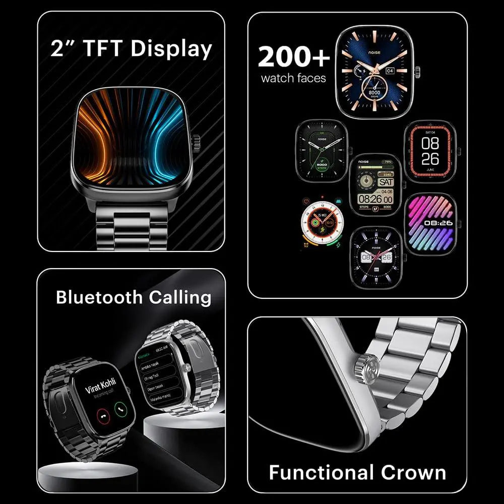 Noise New Macro Smart Watch with 2.0” HD Display,Metallic Finish BT Calling, Functional Crown, 7 Days Battery Life, Sleep Tracking, 200+ Watch Faces (Elite Black) - Nalanda Enterprises