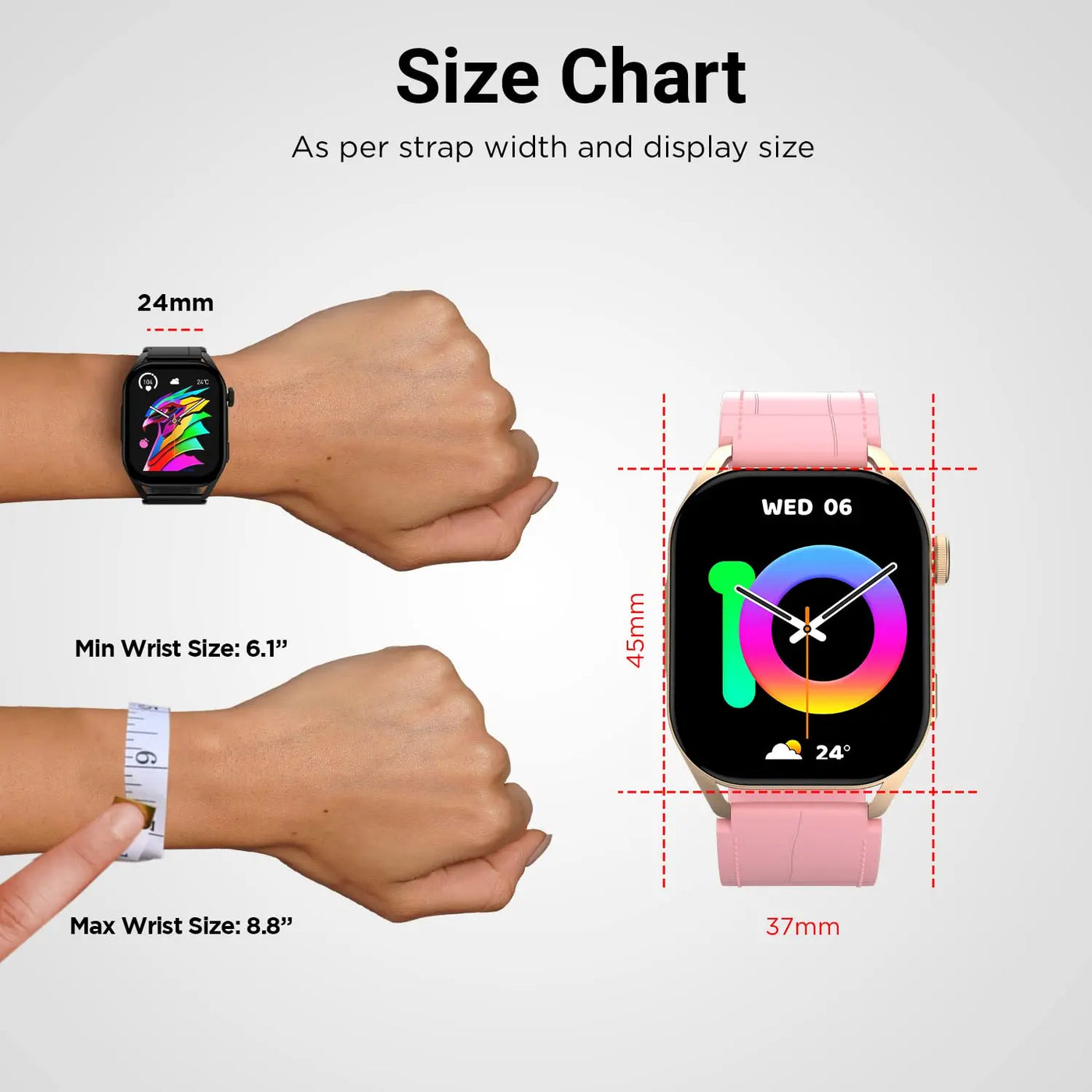 Smartwatch size chart showing wrist measurement, strap width, and display dimensions, Nalanda Enterprises