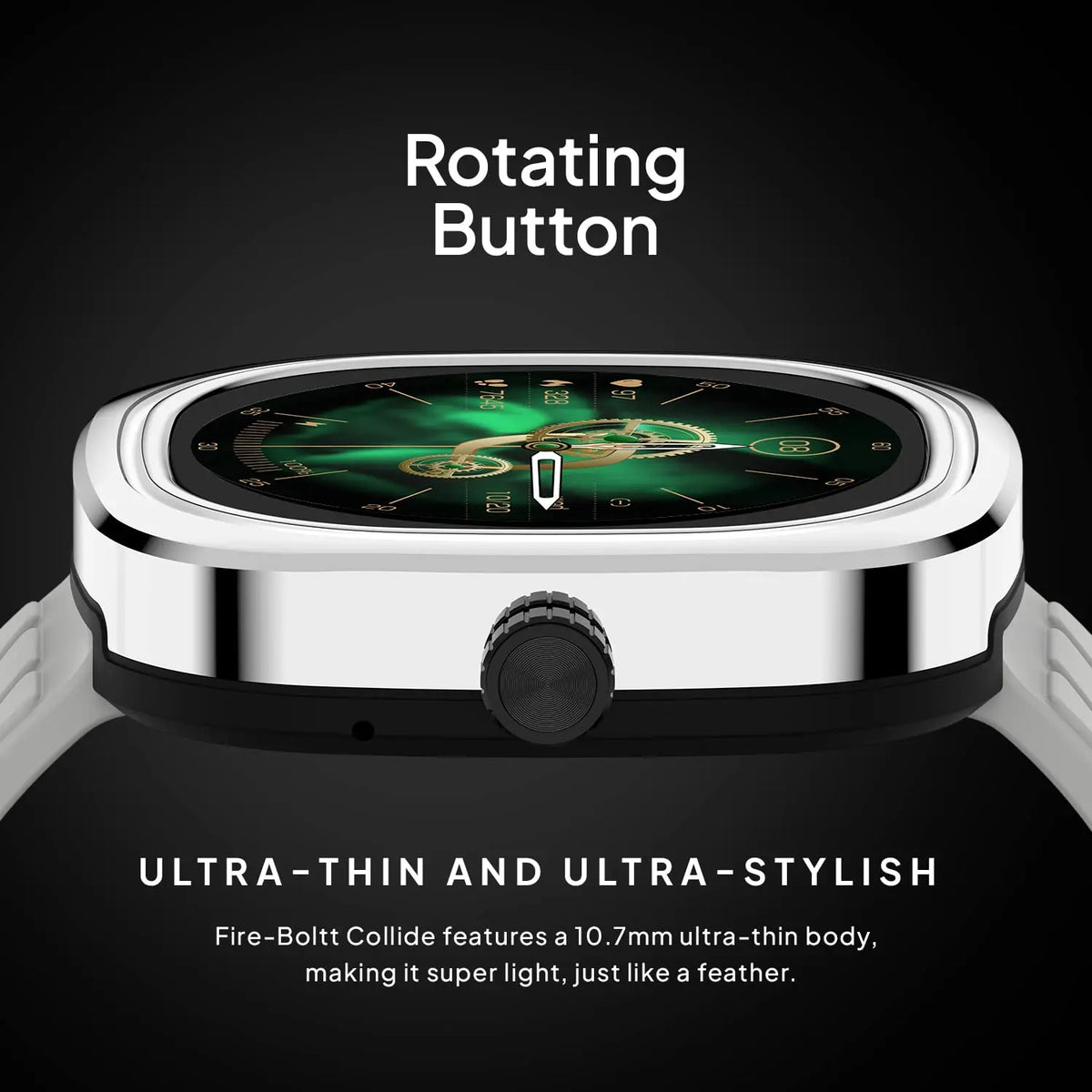 Fire-Boltt Collide ultra-thin smartwatch with rotating button, side view, silver case, black dial