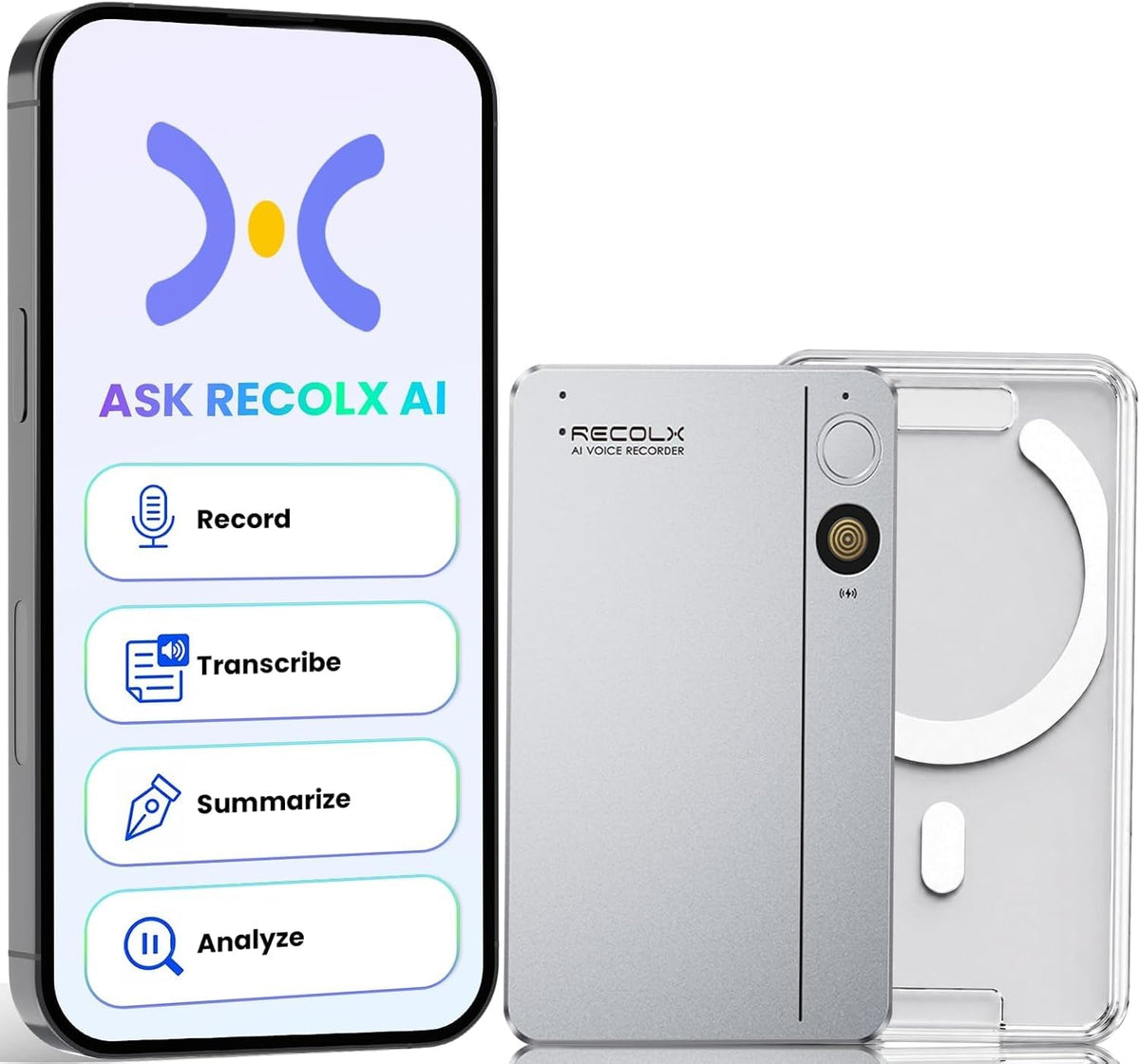 Recolx Tap AI Recorder with Transcription Summaries, 64GB Audio Recorder